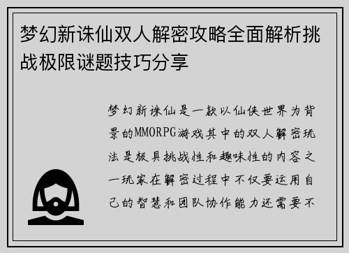 梦幻新诛仙双人解密攻略全面解析挑战极限谜题技巧分享