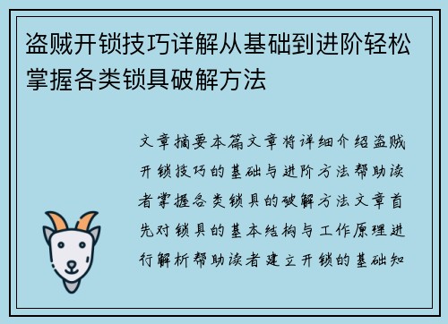 盗贼开锁技巧详解从基础到进阶轻松掌握各类锁具破解方法